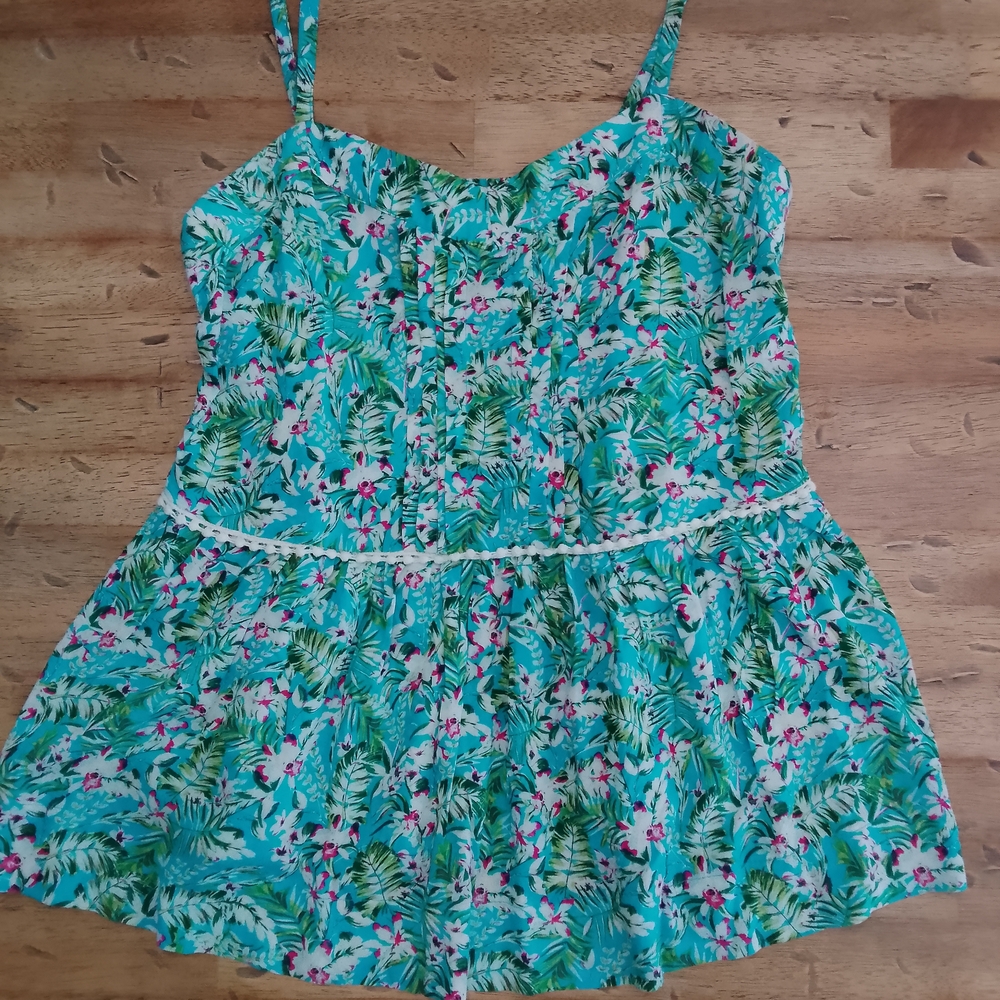 Matilda Jane Turquoise Floral Top with Pink & Green Accents Vacation Tropical